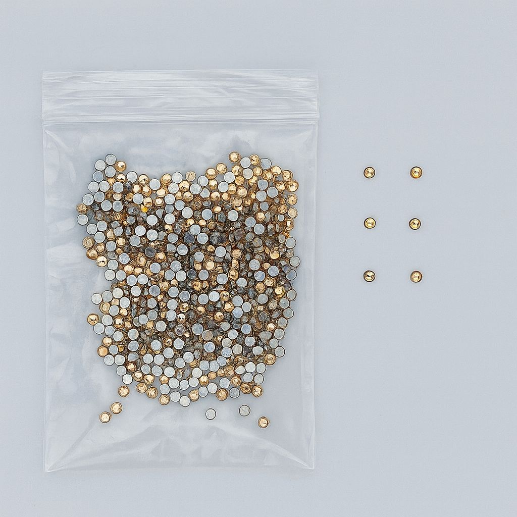 Gold round nail art rhinestones — 1.4 mm (R20) — zip bag with loose sample pieces