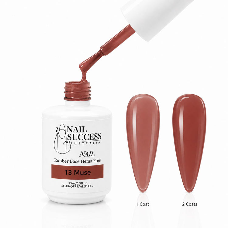 Muse Rubber Base Gel - open bottle with brush and swatches