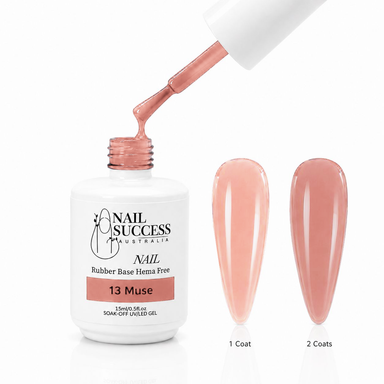 Muse Rubber Base Gel - open bottle with brush and swatches
