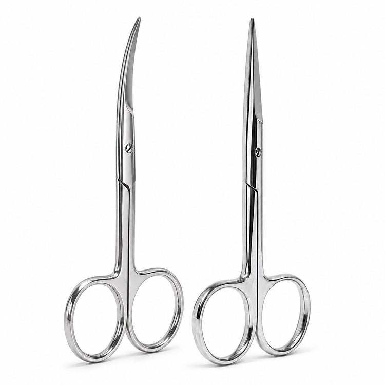 Nail Success Australia stainless steel nail and cuticle scissors set showing curved and straight precision blades with polished loop handles for manicure grooming