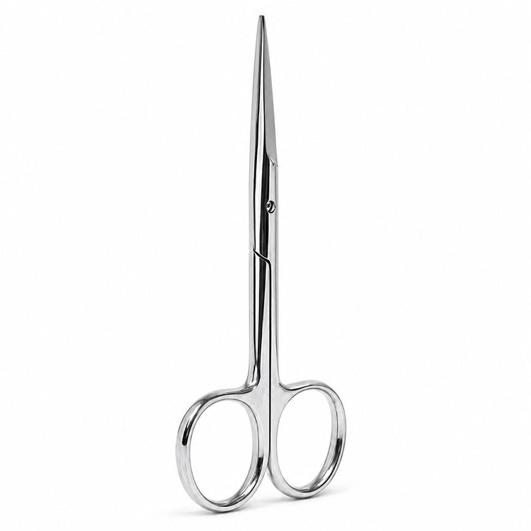 Nail Success Australia stainless steel nail and cuticle scissors standing angled view with polished loop handles and slim straight precision blades