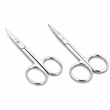 Stainless steel nail and cuticle scissors with straight and curved precision blades, sharp tips and classic finger loop handles for detailed manicure grooming
