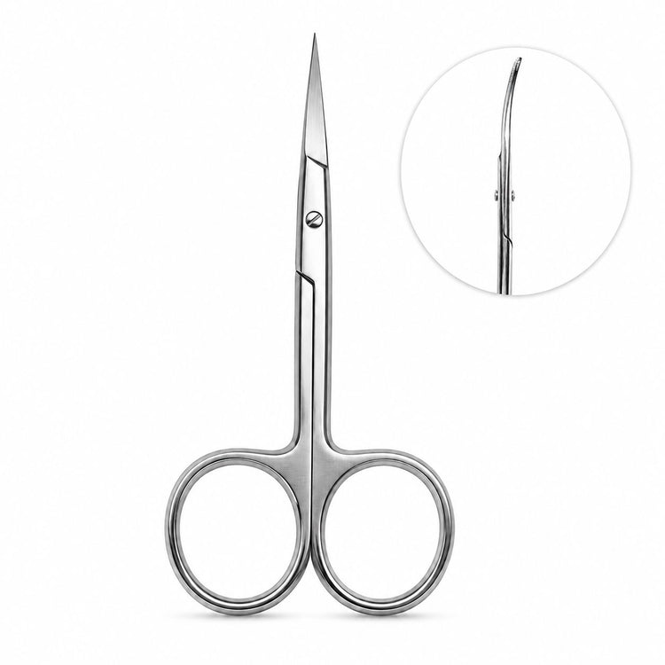 Stainless steel nail and cuticle scissors with curved precision blades and side-view inset for detailed manicure trimming