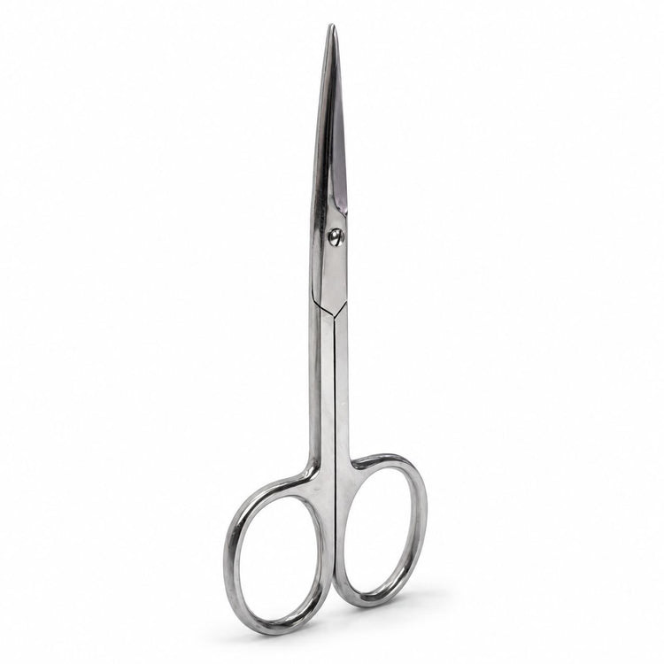 Nail Success Australia stainless steel nail and cuticle scissors standing angled side view with polished loop handles and sharp straight precision blades
