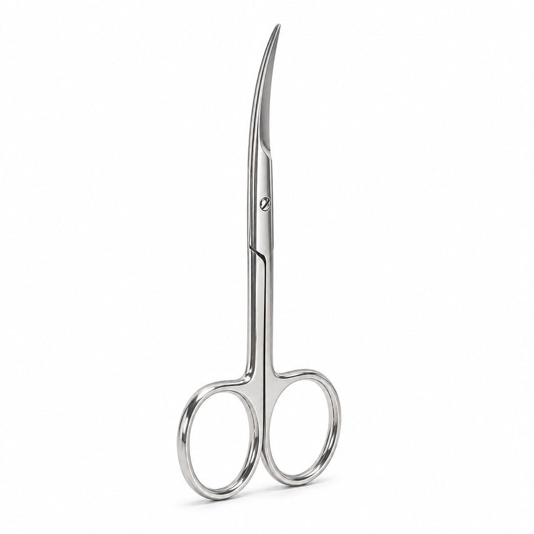 Stainless steel nail and cuticle scissors with curved precision blades and finger ring handles for detailed manicure trimming