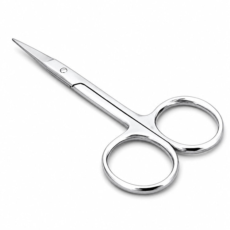 Nail Success Australia stainless steel nail and cuticle scissors in flat angled view, with polished finish, sharp precision blades and classic finger loop handles