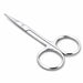 Nail Success Australia stainless steel nail and cuticle scissors in flat angled view, with polished finish, sharp precision blades and classic finger loop handles