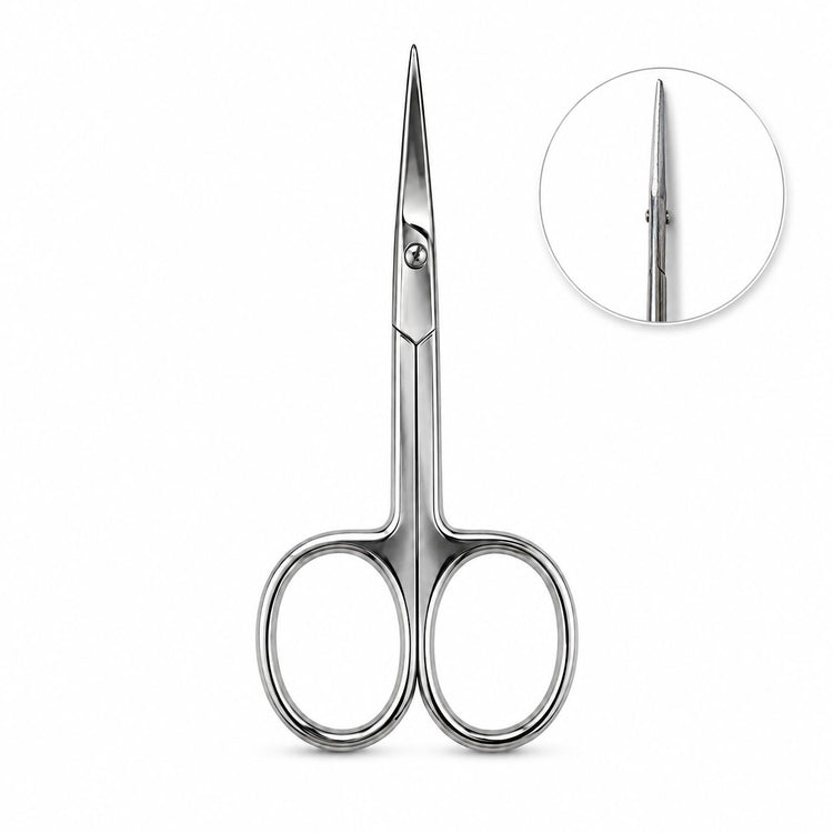 Nail Success Australia stainless steel nail and cuticle scissors front view with sharp straight precision blades, polished loop handles and side profile detail