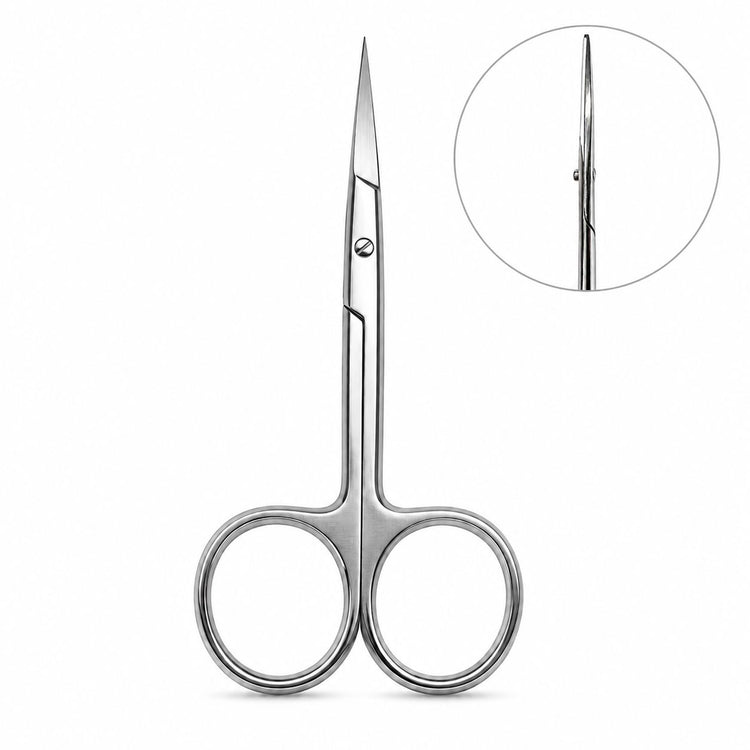 Nail Success Australia stainless steel nail and cuticle scissors front view with sharp precision blades, polished loop handles and side profile detail