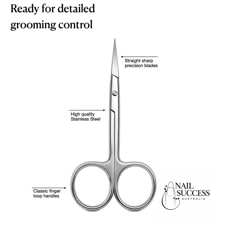 Stainless steel nail and cuticle scissors with straight sharp precision blades and classic finger loop handles for detailed grooming control