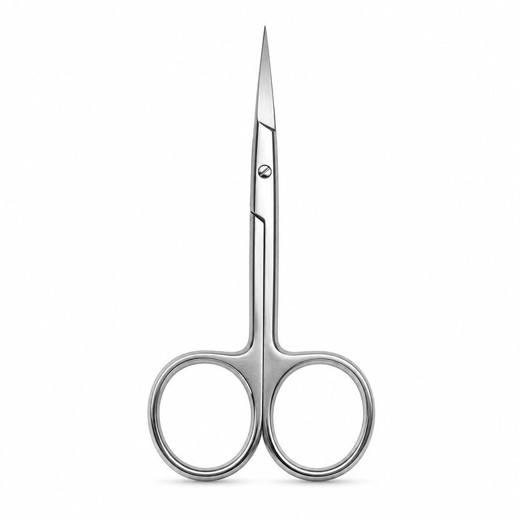 Stainless steel nail and cuticle scissors with curved precision blade and classic finger loop handles for detailed manicure trimming