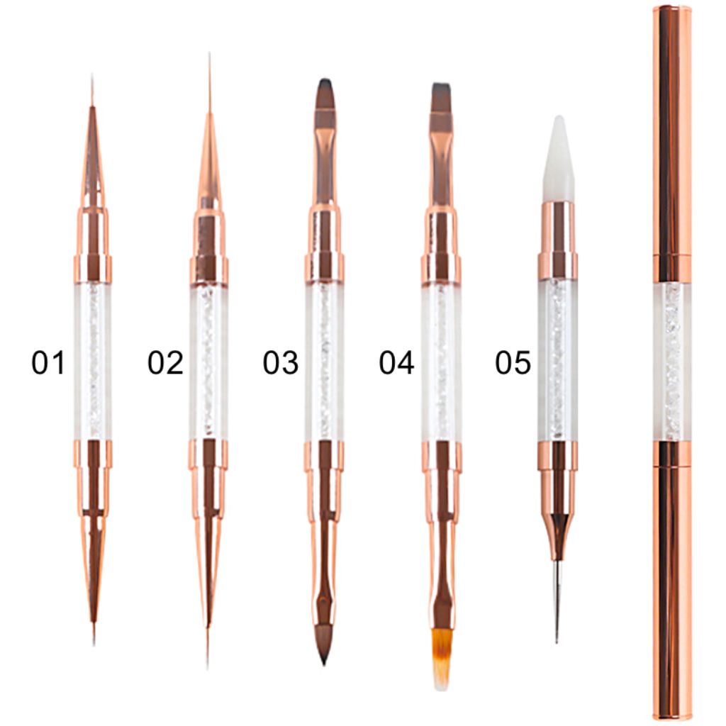 NSI Australia double-ended nail art & gel brushes — rose-gold handles with crystal barrels and protective cap; 5 tip options 01–05 (fine liner, ultra-fine liner, oval gel, flat brush, silicone + liner)