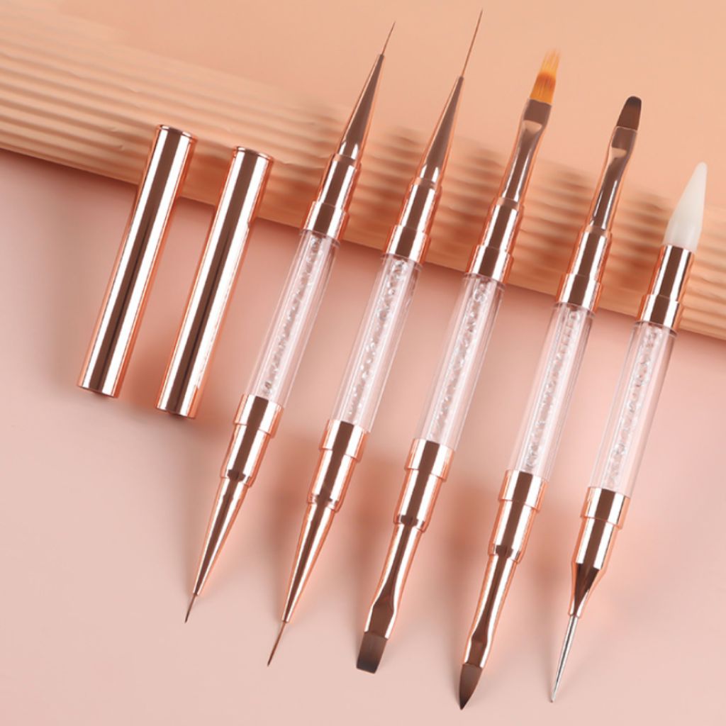NSI Australia double-ended nail brush set — rose-gold crystal handles with caps; 5 brushes (01–05: fine & extra-long liners, flat square, oval gel, silicone + liner)