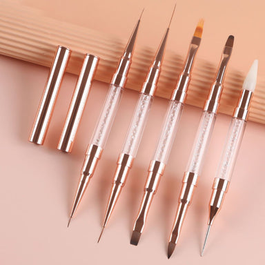 NSI Australia double-ended nail brush set — rose-gold crystal handles with caps; 5 brushes (01–05: fine & extra-long liners, flat square, oval gel, silicone + liner)
