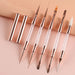 NSI Australia double-ended nail brush set — rose-gold crystal handles with caps; 5 brushes (01–05: fine & extra-long liners, flat square, oval gel, silicone + liner)