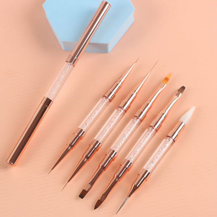 NSI Australia double-ended nail art & gel brush set — rose-gold crystal handles with caps; 5 brushes (fine & extra-long liners, flat square, oval gel, silicone sculpting tip)