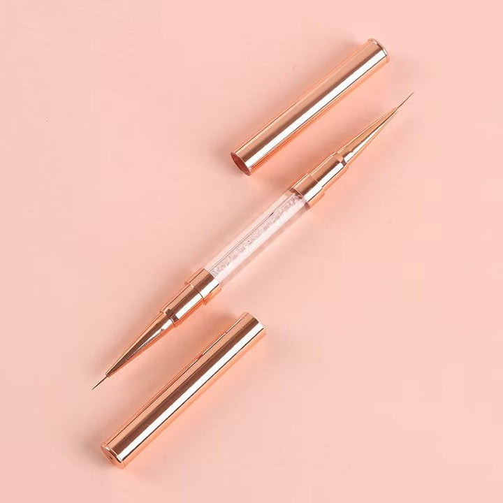 NSI Australia double-ended nail brush 01 — rose-gold with crystal handle, ultra-fine liner tips 6 mm & 8 mm, includes protective caps