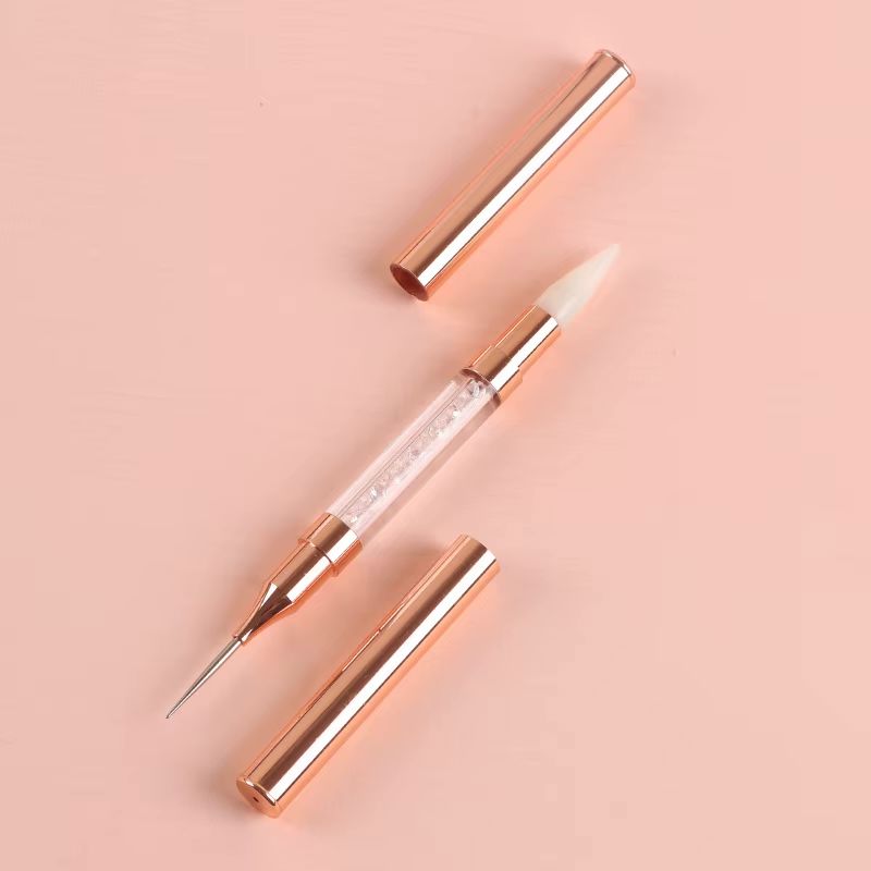NSI Australia double-ended nail brush 05 — rose-gold with crystal handle, white silicone sculpting tip + ultra-fine liner, includes protective caps