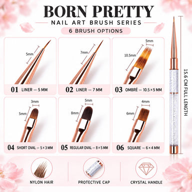 Born Pretty nail art brush size guide showing six options: two liners, two oval brushes, one ombré brush and one square brush.
