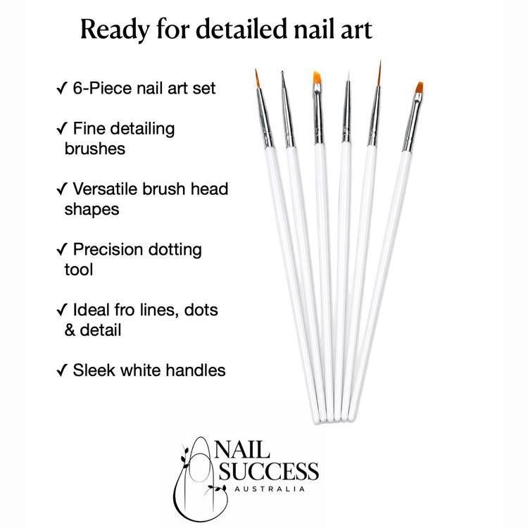 Nail Success Australia 6-piece nail art brush set with fine detailing brushes, dotting tool and sleek white handles for lines, dots and detailed nail designs