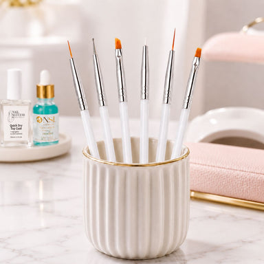 Nail Success Australia 6pcs nail art brush set with white handles for detail work, liner art and gel nail designs