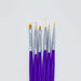 Nail Success Australia 6-piece nail art brush set—purple handles, flat shader, dotting tool, long and short liners for gel detailing