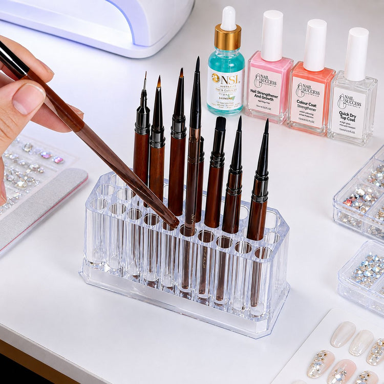 Clear Acrylic Nail Art Brush and Tool Holder stand with nail brushes, polish bottles and rhinestone accessories