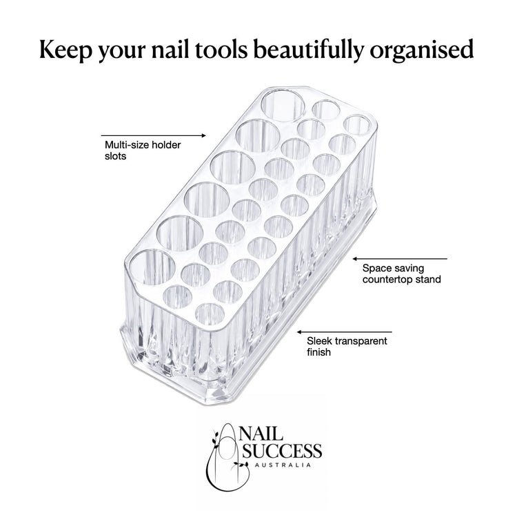 Clear Acrylic Nail Art Brush and Tool Holder with multi-size slots, transparent finish and space saving countertop stand