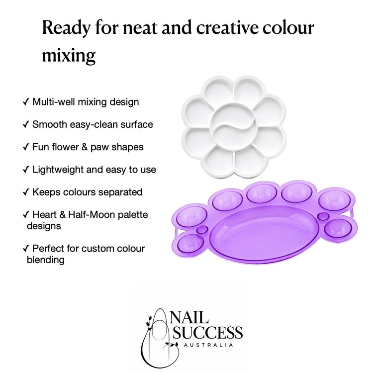 White flower and purple paw nail art colour mixing palettes with multi-well design for neat gel polish blending and custom salon nail art colours