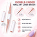 White and rose gold double-ended nail art liner brush with 9 mm and 11 mm nylon tips and two protective caps.
