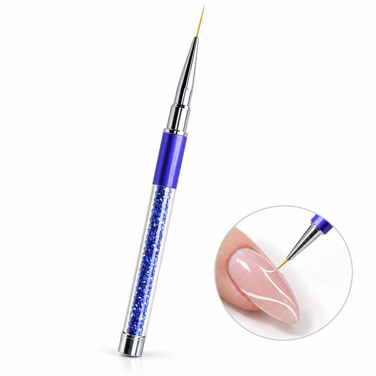 16 mm nail art liner brush with purple grip and blue crystal-filled handle, shown painting white curves on a nude pink nail.
