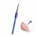 16 mm nail art liner brush with purple grip and blue crystal-filled handle, shown painting white curves on a nude pink nail.