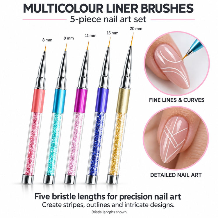 Set of five multicolour nail art liner brushes with crystal-filled handles and 8–20 mm tips, shown with white linework on nude pink nails.