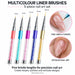 Set of five multicolour nail art liner brushes with crystal-filled handles and 8–20 mm tips, shown with white linework on nude pink nails.