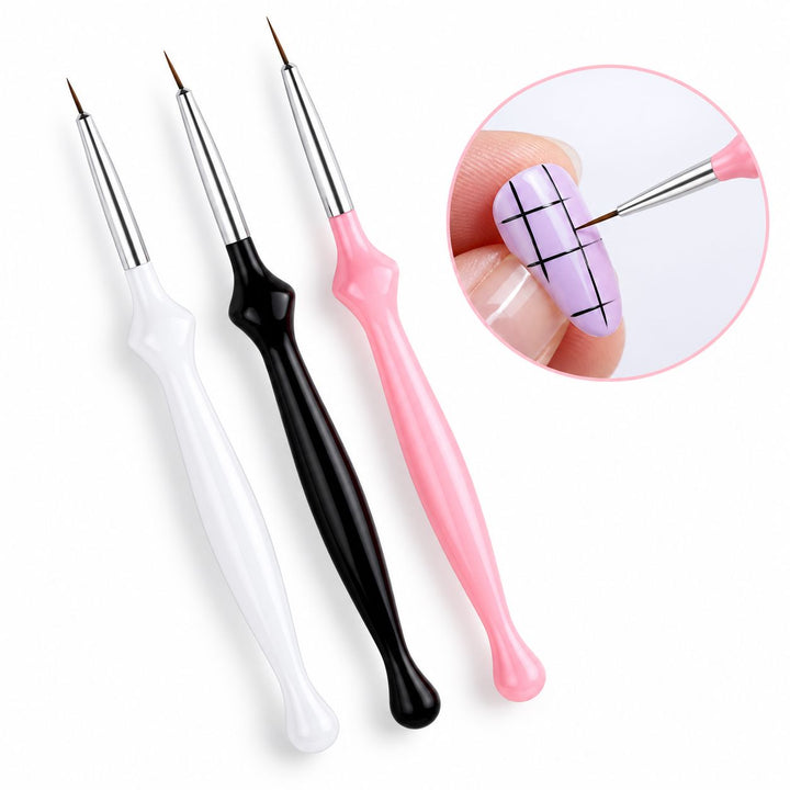 Set of three nail art liner brushes with white, black and pink handles, shown painting fine black grid lines on a lilac nail.
