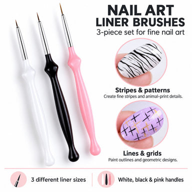 Set of three nail art liner brushes with white, black and pink handles, shown with zebra stripes and purple geometric nail designs.