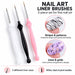 Set of three nail art liner brushes with white, black and pink handles, shown with zebra stripes and purple geometric nail designs.