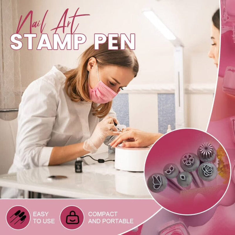 Nail technician using the nail art stamp pen at her desk, with a close up of the metal pattern tips