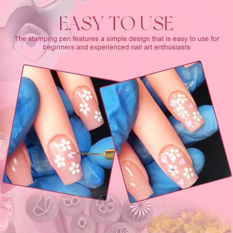 Easy to use nail art stamping pens adding white flower designs to pink nails