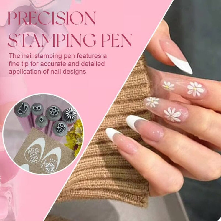 Precision nail stamping pen tips for detailed flower designs on French tip nails