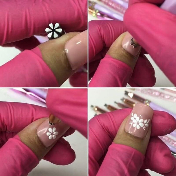 Four close ups of the stamp pen pressing white flower designs onto a pink nail