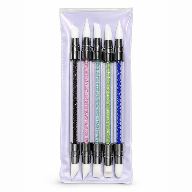 5-piece 2-way silicone nail art pen set in storage pouch with crystal handles and assorted white tips for gel polish blending and nail art designs