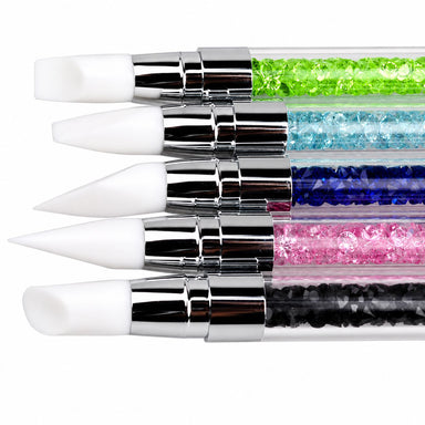 5-piece 2-way silicone nail art pen set with crystal handles and white silicone tips for gel polish blending and detailed nail designs