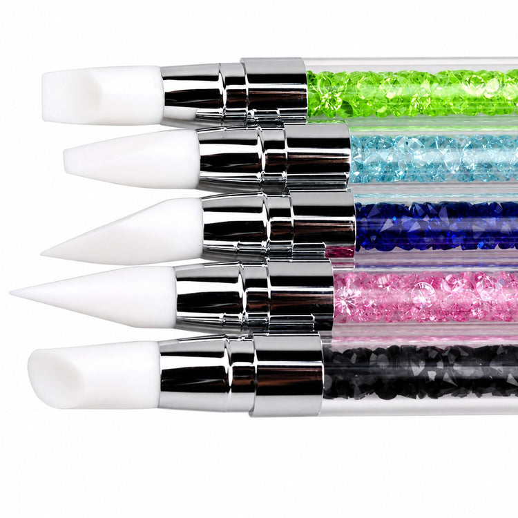 5-piece 2-way silicone nail art pen set with crystal handles and white silicone tips for gel polish blending and detailed nail designs
