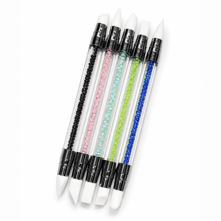 5-piece 2-way silicone nail art pen set with crystal handles and assorted white tips for gel polish blending and detailed nail designs