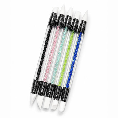 5-piece 2-way silicone nail art pen set with crystal handles and assorted white tips for gel polish blending and detailed nail designs