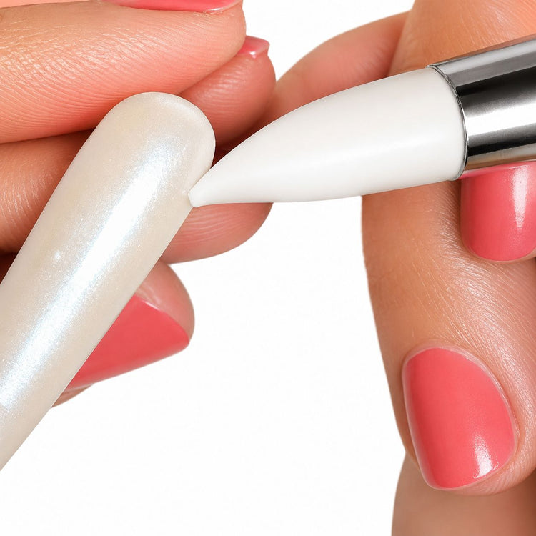 2-way silicone nail art pen applying smooth gel polish detail on pearl nail tip for precise salon manicure designs