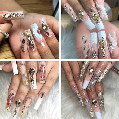Gold nail art rhinestones — collage of long acrylic manicure designs with flatback crystals and 3D flowers — NSI Australia