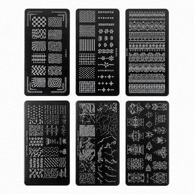 Six nail art stamping plates featuring geometric shapes, optical illusions, lace borders, stripes, dots and marble patterns, displayed on a white background.
