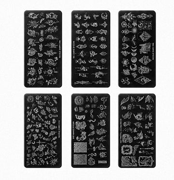 Six whimsical nail art stamping plates featuring dragons, fairies, moons, stars and geometric designs, displayed on a white background.
